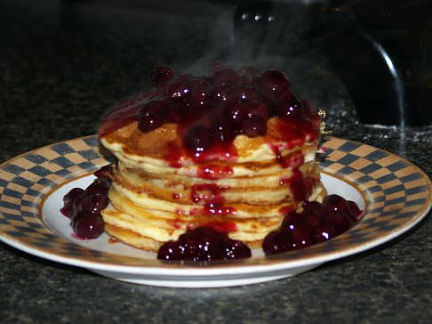 Basic Pancakes using a Pancake Mix Recipe with Blueberry Topping