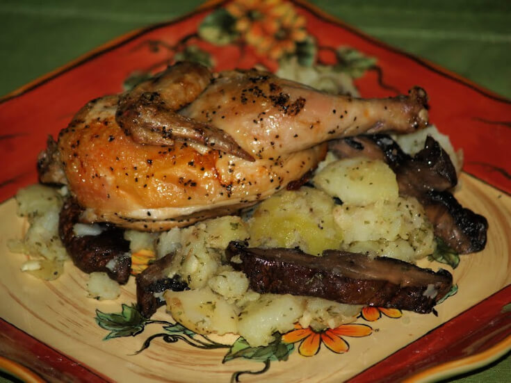 Cornish Hens with Warm Potato and Mushroom Salad