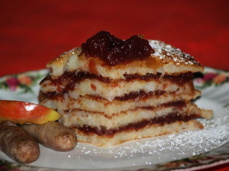 Cranberry Apple Stack Pancakes Cut in Wedge