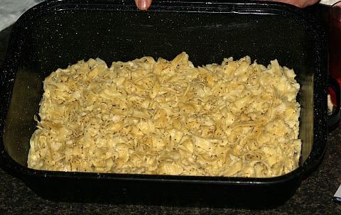 Layer Bottom of Pan with Noodles