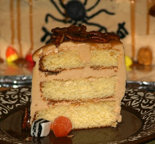 Caramel Cake Recipe with Caramel Frosting and Caramel Pecan Garnishes