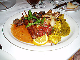 Marrakesh Mix Grill
which is a Beef Kabob, Chicken Kebob and Lamb Sausage