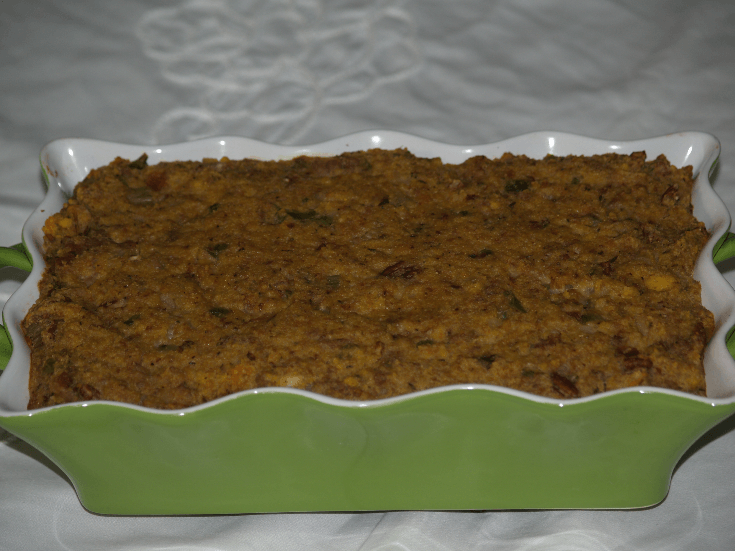 Sausage Cornbread Pecan Dressing Recipe in Baking Dish