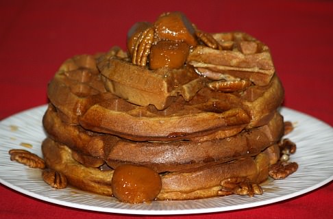 Sweet Potato Pecan Waffles with Butter Rum Syrup