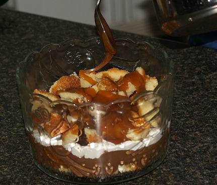 Add Another Layer of Cake, Caramel Syrup, Pudding, Whipped Cream and Top with Truffles