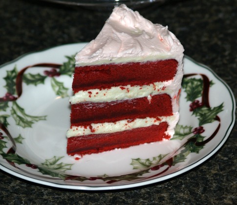 peppermint red velvet cake with a mousse filling and a peppermint cream frosting