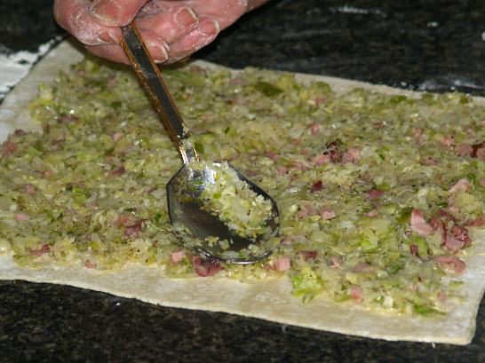 Spread Cabbage and Ham over Dough