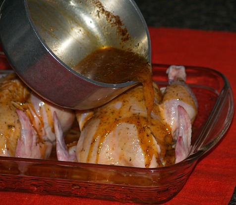Pour Half Mixture on Herbed Cornish Hens