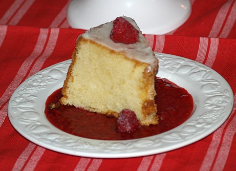 lemon pound cake topped with a and served with raspberry sauce