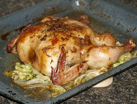 A roast chicken recipe fresh from the oven.