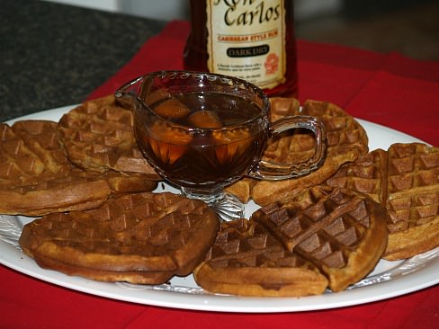 Sweet Potato Pecan Waffles with Butter Rum Syrup